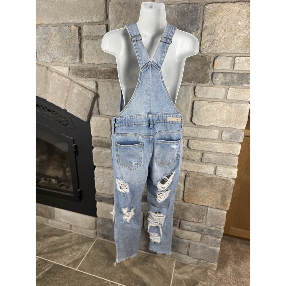 Cello Womens XS Ripped Denim Bib Overalls Light Wash Frayed Hem Distressed Jeans - Picture 3 of 15
